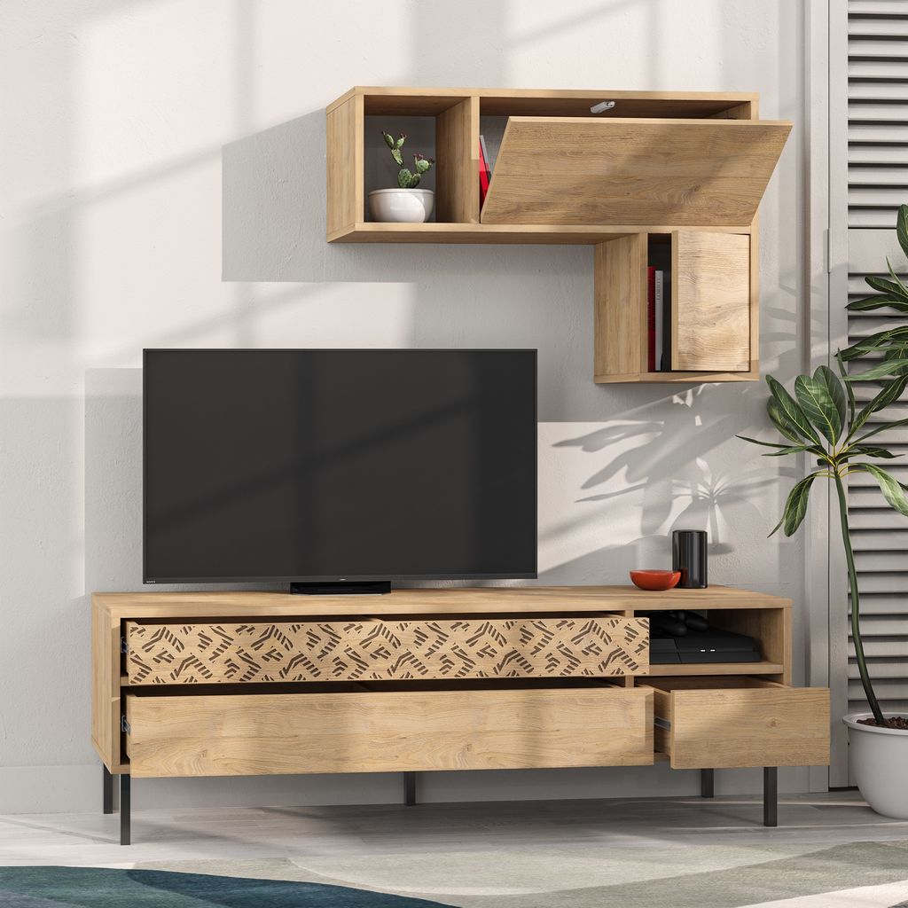 Tv álvány és fali szekrény szett, tölgyszínű, 145 cm - arabesque - butopêa